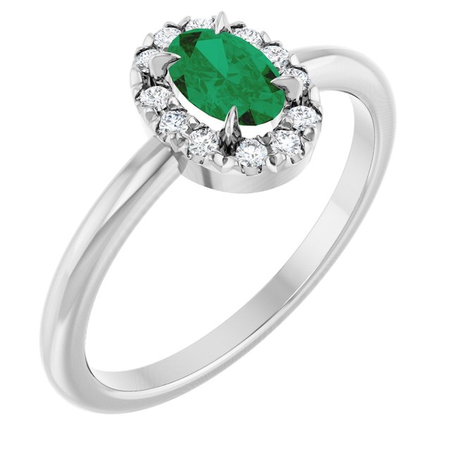 14K White Lab-Grown Emerald & 1/10 CTW Natural Diamond French-Set Halo-Style Ring