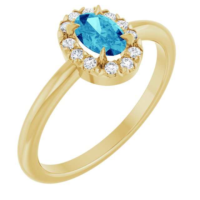 14K Yellow Natural Blue Zircon & 1/10 CTW Natural Diamond French-Set Halo-Style Ring