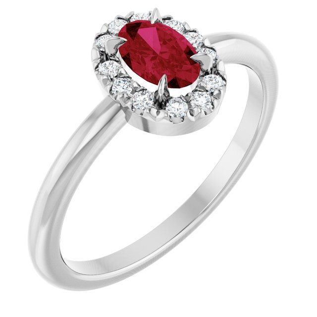 14K White Lab-Grown Ruby & 1/10 CTW Natural Diamond French-Set Halo-Style Ring