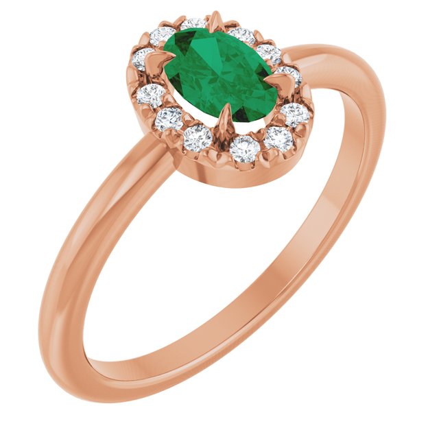 14K Rose Lab-Grown Emerald & 1/10 CTW Natural Diamond French-Set Halo-Style Ring