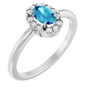 Sterling Silver Natural Blue Zircon & 1/10 CTW Natural Diamond French-Set Halo-Style Ring