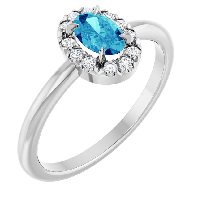 Sterling Silver Natural Blue Zircon & 1/10 CTW Natural Diamond French-Set Halo-Style Ring