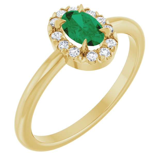 14K Yellow Natural Emerald & 1/10 CTW Natural Diamond French-Set Halo-Style Ring