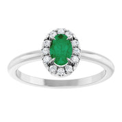 14K White Lab-Grown Emerald & 1/10 CTW Natural Diamond French-Set Halo-Style Ring