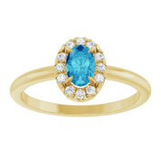 14K Yellow Natural Blue Zircon & 1/10 CTW Natural Diamond French-Set Halo-Style Ring