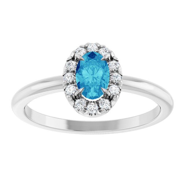 14K White Natural Blue Zircon & 1/10 CTW Natural Diamond French-Set Halo-Style Ring