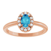 14K Rose Natural Blue Zircon & 1/10 CTW Natural Diamond French-Set Halo-Style Ring
