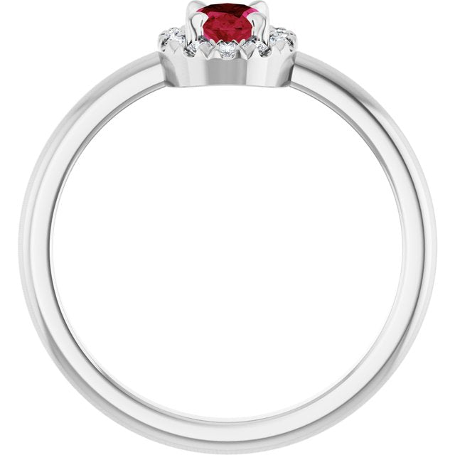 14K White Lab-Grown Ruby & 1/10 CTW Natural Diamond French-Set Halo-Style Ring
