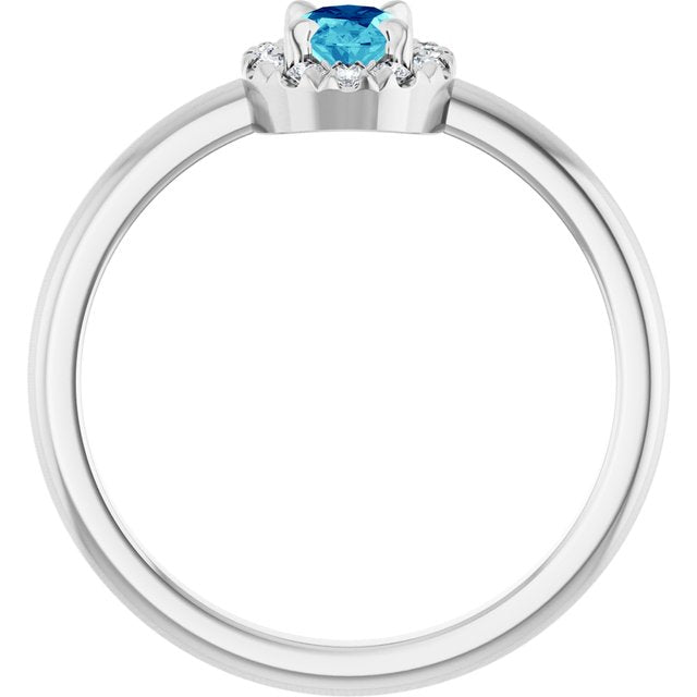 14K White Natural Blue Zircon & 1/10 CTW Natural Diamond French-Set Halo-Style Ring