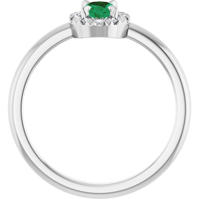 14K White Lab-Grown Emerald & 1/10 CTW Natural Diamond French-Set Halo-Style Ring