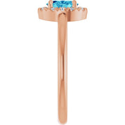 14K Rose Natural Blue Zircon & 1/10 CTW Natural Diamond French-Set Halo-Style Ring