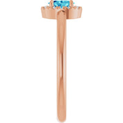 14K Rose Natural Blue Zircon & .05 CTW Natural Diamond French-Set Halo-Style Ring