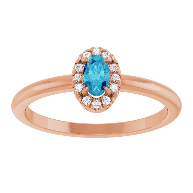 14K Rose Natural Blue Zircon & .05 CTW Natural Diamond French-Set Halo-Style Ring