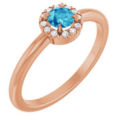 14K Rose Natural Blue Zircon & .05 CTW Natural Diamond French-Set Halo-Style Ring