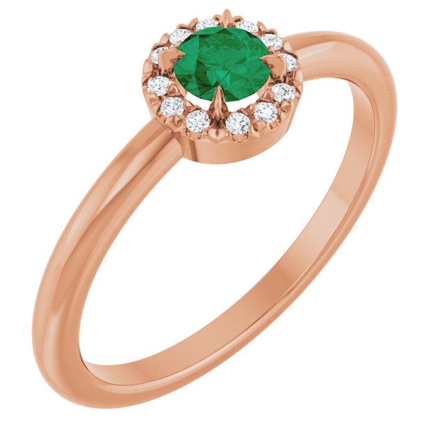 14K Rose Natural Emerald & .05 CTW Natural Diamond French-Set Halo-Style Ring
