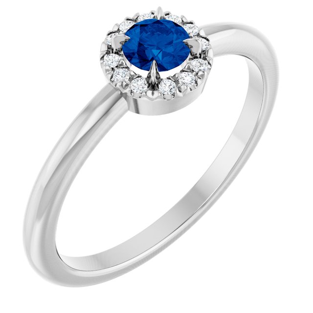 14K White Natural Blue Sapphire & .08 CTW Natural Diamond French-Set Halo-Style Ring