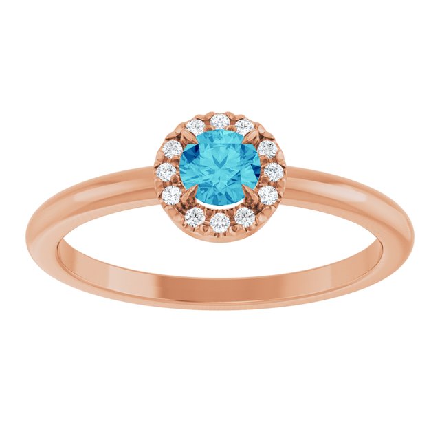 14K Rose Natural Blue Zircon & .05 CTW Natural Diamond French-Set Halo-Style Ring
