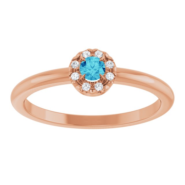 14K Rose Natural Blue Zircon & .03 CTW Natural Diamond French-Set Halo-Style Ring