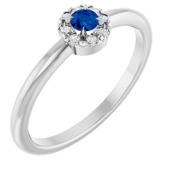 14K White Natural Blue Sapphire & .03 CTW Natural Diamond French-Set Halo-Style Ring