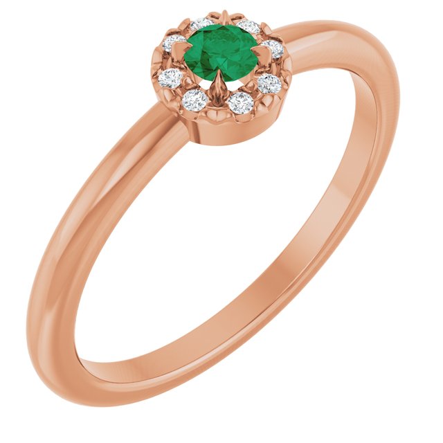 14K Rose Natural Emerald & .03 CTW Natural Diamond French-Set Halo-Style Ring