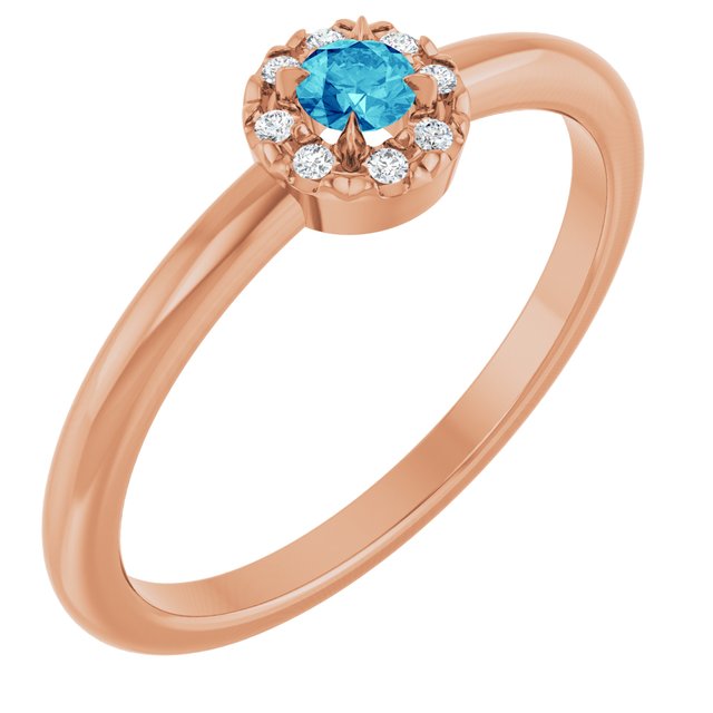 14K Rose Natural Blue Zircon & .03 CTW Natural Diamond French-Set Halo-Style Ring