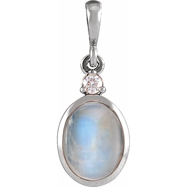 14K White 10x8 mm Natural Rainbow Moonstone & .03 CT Natural Diamond Cabochon Pendant