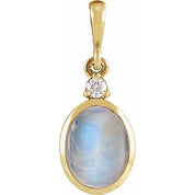 14K Yellow 5x3 mm Natural Rainbow Moonstone & .02 CT Natural Diamond Cabochon Pendant