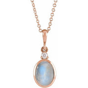 14K Rose 10x8 mm Natural Rainbow Moonstone & .03 CT Natural Diamond 16-18" Necklace