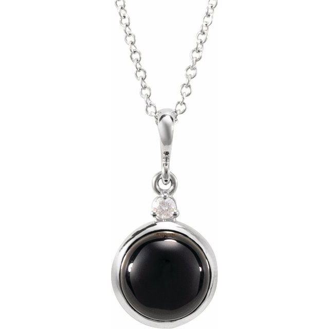14K White 6 mm Natural Black Onyx & .03 CT Natural Diamond Cabochon 16-18" Necklace