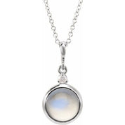 14K White 6 mm Natural Rainbow Moonstone & .03 CT Natural Diamond Cabochon 16-18" Necklace