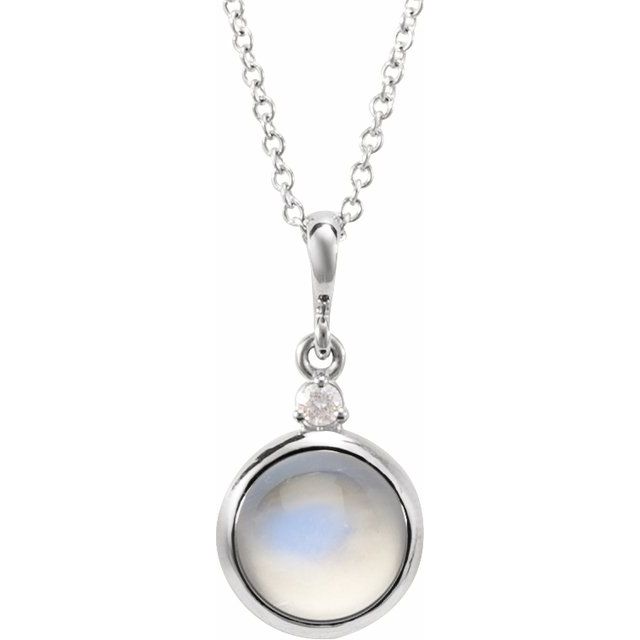 14K White 8 mm Natural Rainbow Moonstone & .03 CT Natural Diamond Cabochon 16-18" Necklace
