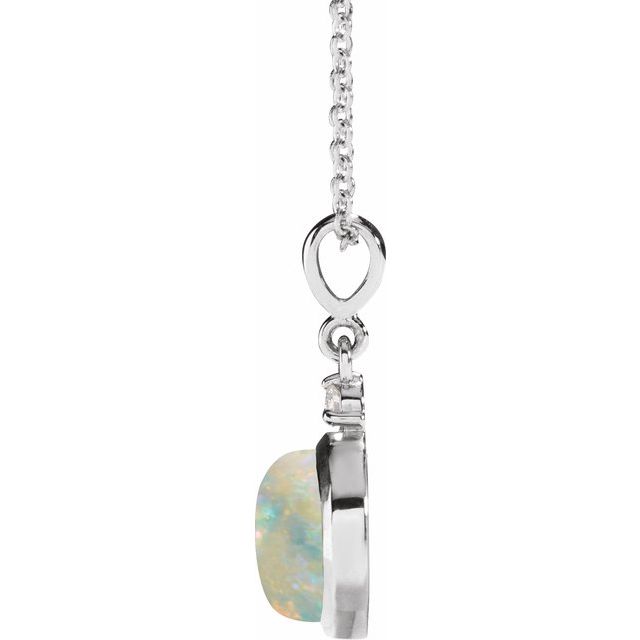 14K White 8 mm Natural White Opal & .03 CT Natural Diamond Cabochon 16-18" Necklace