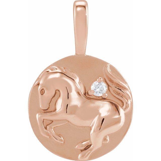 14K Rose Gold .015 CT Natural Diamond Chinese Zodiac Horse Pendant