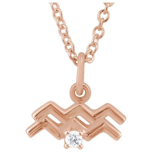 14K Rose .015 CT Natural Diamond Aquarius Zodiac 16-18" Necklace