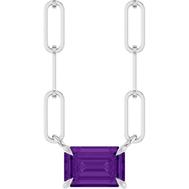 14K White 6x4 mm Natural Amethyst Solitaire 18" Necklace