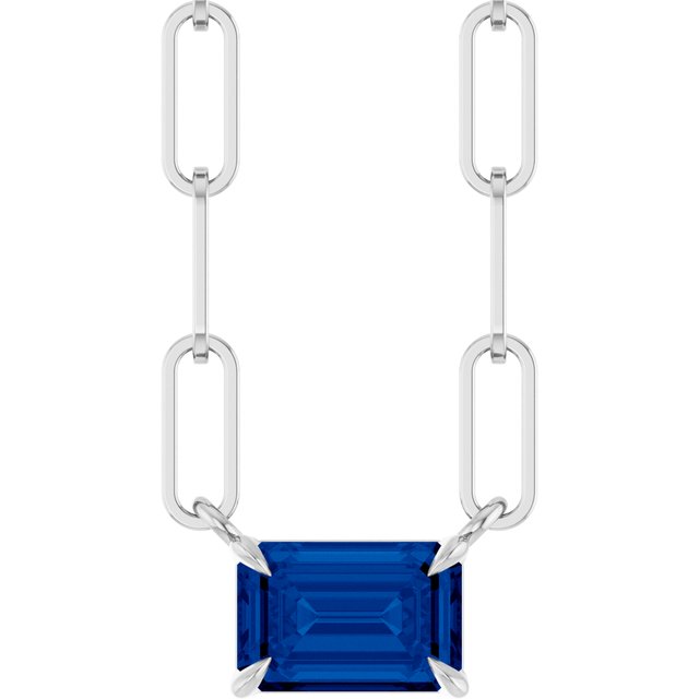 14K White 6x4 mm Lab-Grown Blue Sapphire Solitaire 18" Necklace