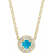 14K Yellow Cabochon Natural Turquoise & .05 CTW Natural Diamond Halo-Style 16-18" Necklace