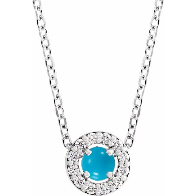 Sterling Silver Cabochon Natural Turquoise & .06 CTW Natural Diamond Halo-Style 16-18" Necklace