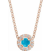 14K Rose Cabochon Natural Turquoise & .05 CTW Natural Diamond Halo-Style 16-18" Necklace