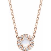 14K Rose Cabochon Natural Rainbow Moonstone & .06 CTW Natural Diamond Halo-Style 16-18" Necklace