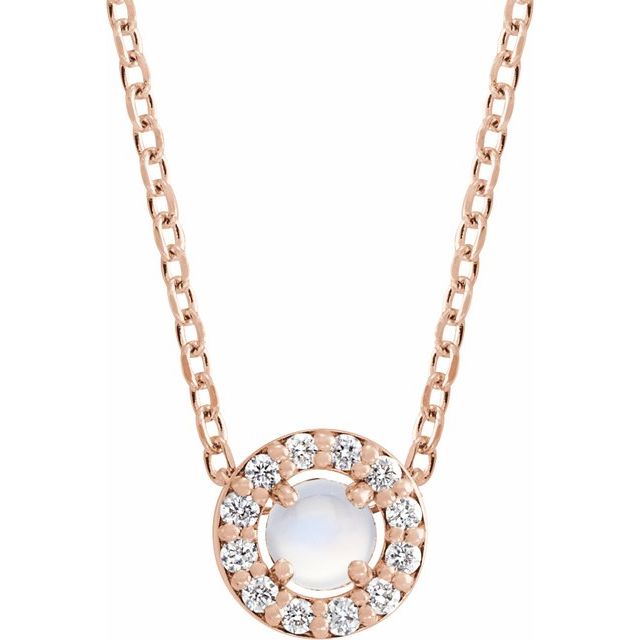 14K Rose Cabochon Natural Rainbow Moonstone & .05 CTW Natural Diamond Halo-Style 16-18" Necklace