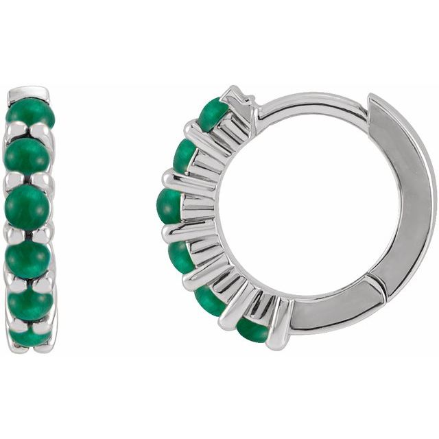Platinum Natural Emerald Cabochon 12.2 mm Huggie Hoop Earrings