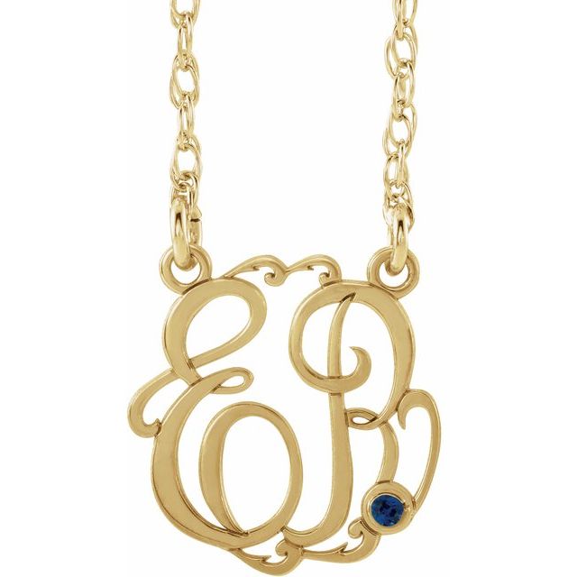 10K Imitation Blue Sapphire Script Monogram Necklace with 2 or 3 Initials in Various Sizes