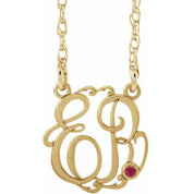 10K Imitation Ruby Script Monogram Necklace with 2 or 3 Initials in Various Sizes