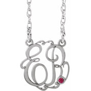 Rhodium-Plated Sterling Silver 15 mm 2-Initial Imitation Ruby Script Monogram Necklace