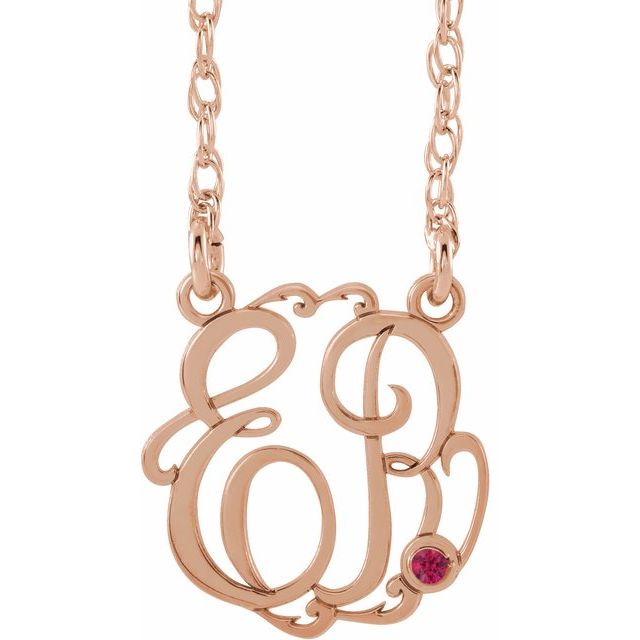 14K Rose Gold-Plated Sterling Silver 15 mm 2-Initial Imitation Ruby Script Monogram Necklace