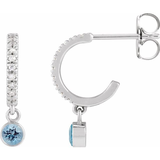 14K White Natural Aquamarine & .08 Natural Diamond Hoop Earrings