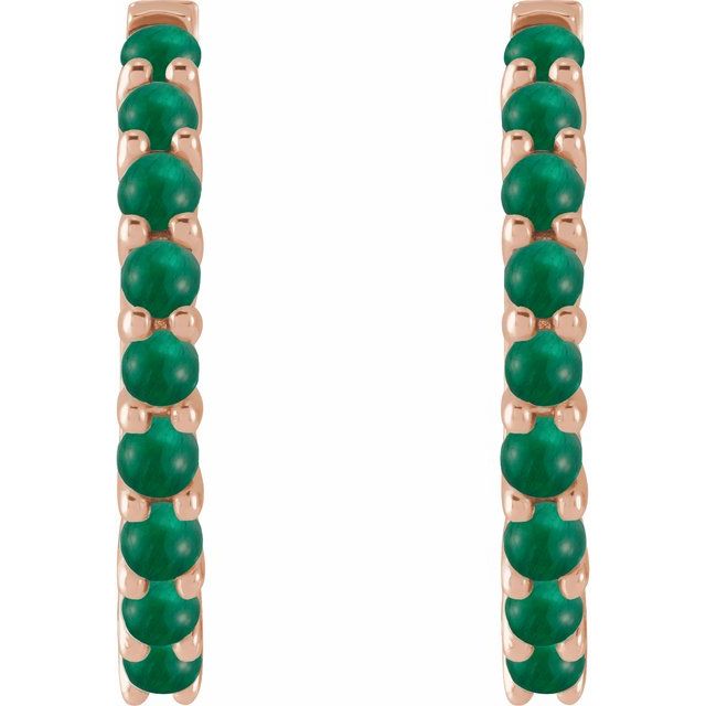 14K Rose Natural Emerald Cabochon 20 mm Huggie Hoop Earrings