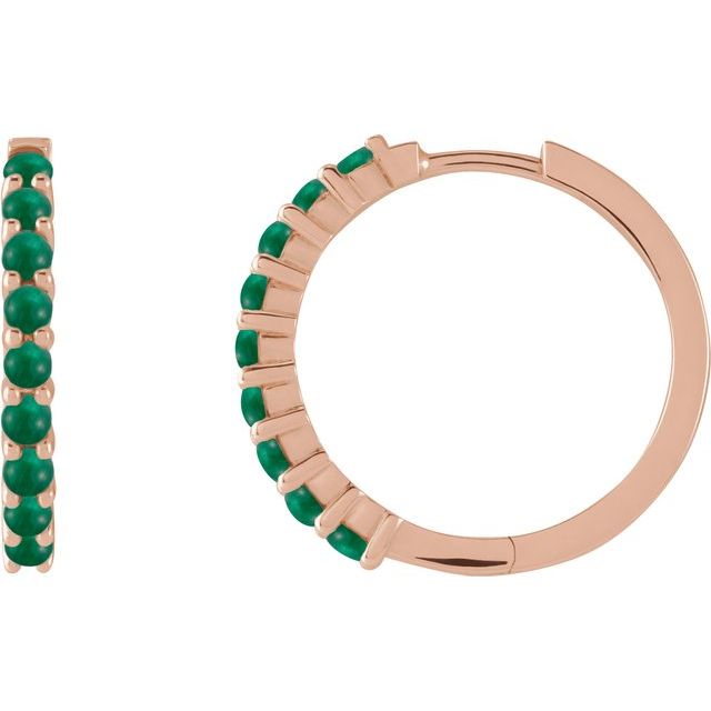 14K Rose Natural Emerald Cabochon 20 mm Huggie Hoop Earrings