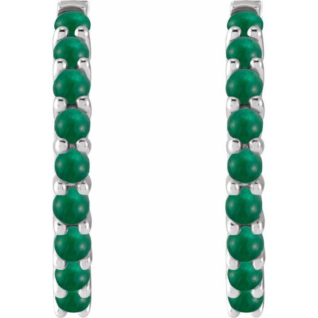 Platinum Natural Emerald Cabochon 20 mm Huggie Hoop Earrings